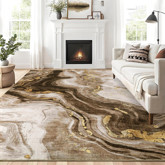 GarveeHome Modern Washable Rugs 5x7 Neutral Abstract Throw Rugs, Non-Slip Abstract Accent Carpet with Marble Swirl Pattern, Stain-Resistant Low Pile Indoor Carpet Rug for Living Room, Bedroom, Brown