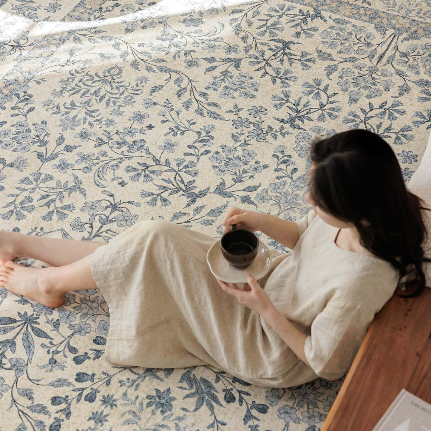 jinchan Zenith Floral 5x7 Area Rug Soft Low-Pile Living Room Rug Machine Washable Non-Slip Vintage Botanical Aesthetic Throw Carpet for Bedroom Dining Room Nursery Blue/Cream