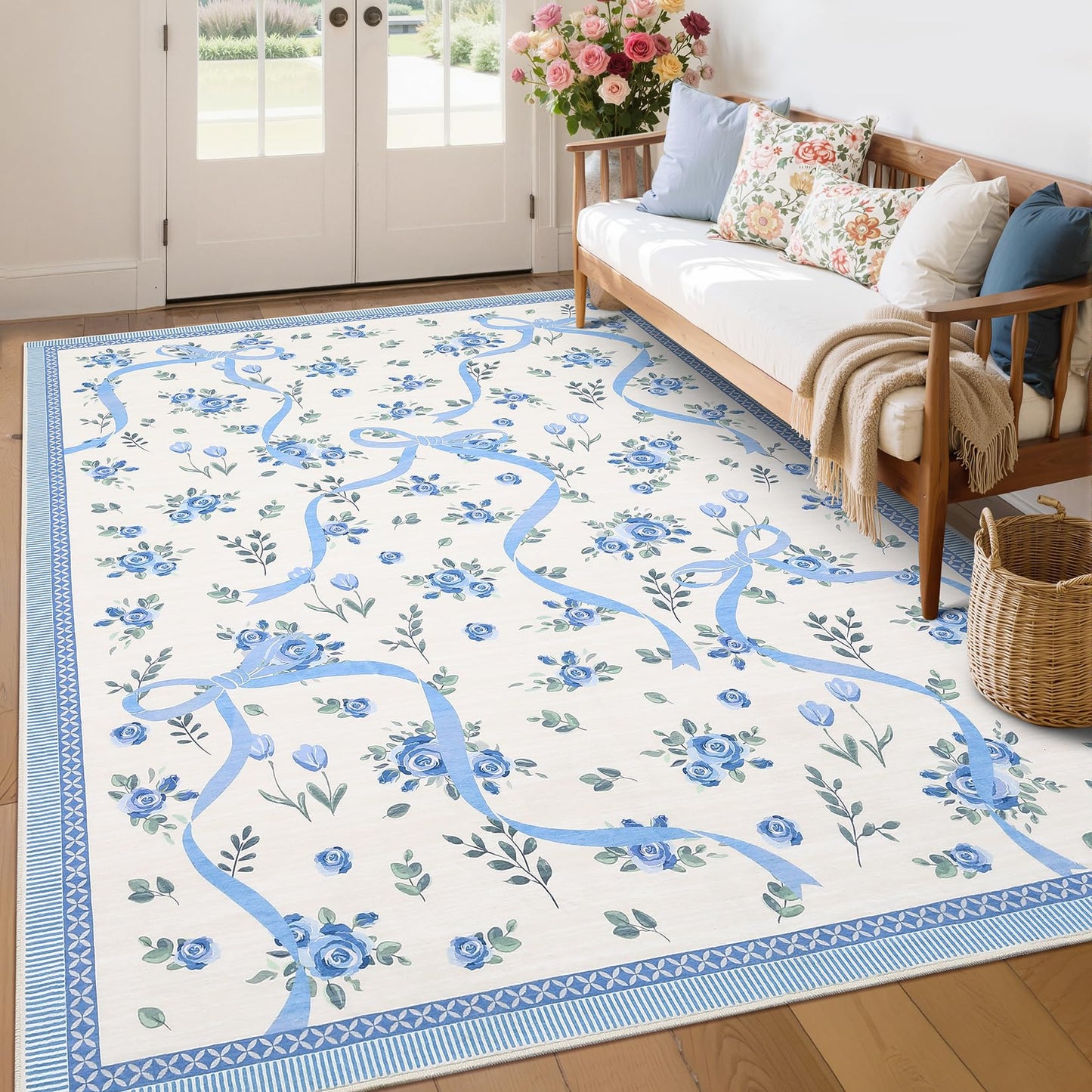 GarveeHome Floral Bow Rugs for Bedroom Girls, 5x7 Area Rugs for Living Room with Soft Low Pile, Non Slip Blue and White Washable Rug 5x7 for Nursery Kids Playroom Dining Room College Dorm Rug