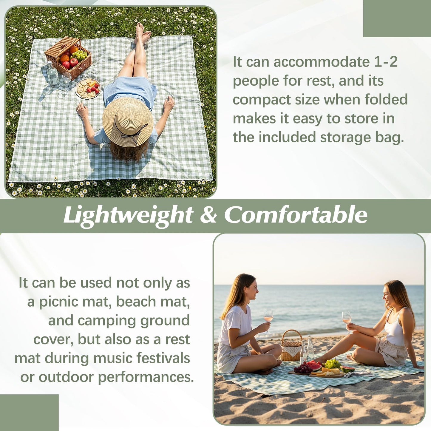 HunnmingRe Lightweight Green Gingham Pocket Picnic Blanket with Storage Bag 55 x 60inch Waterproof Cute Packable Sandproof Beach Mat Compact Washable Picnic Mat for Outdoor Hiking Camping Travel