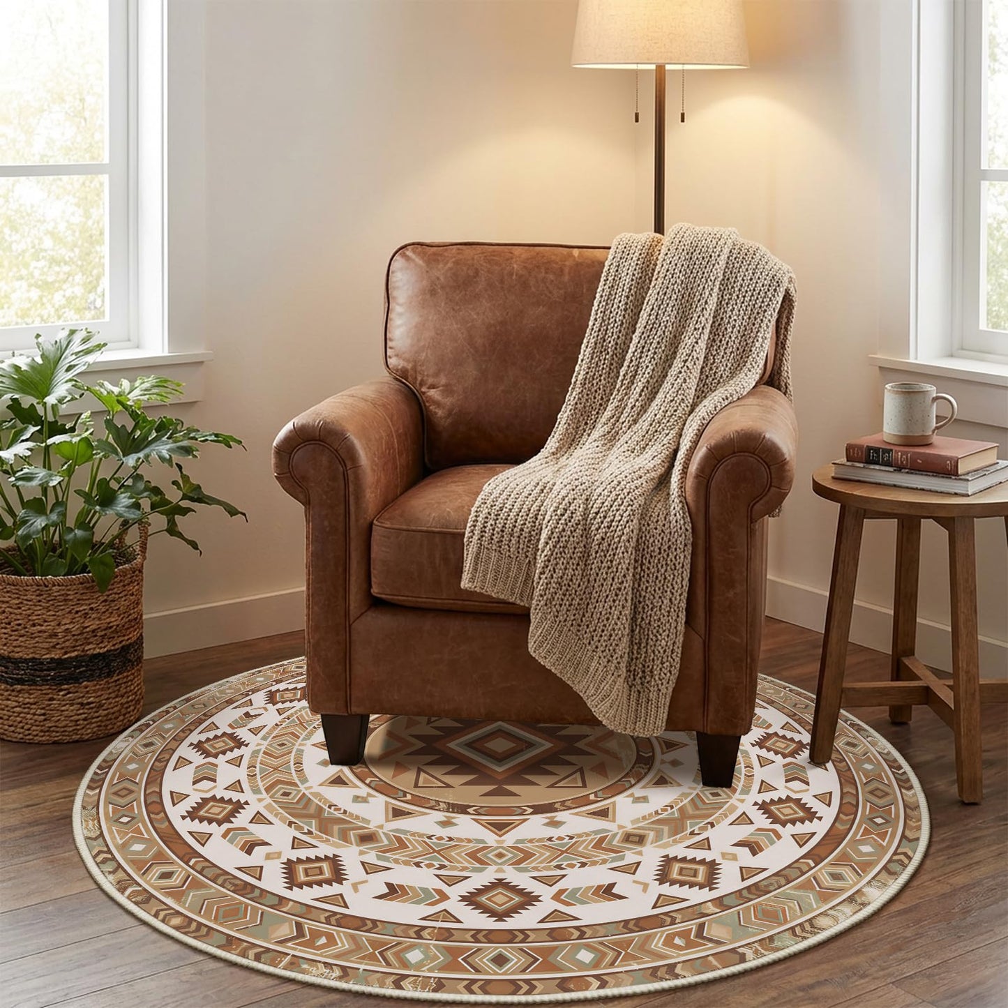 Doteon 3ft Southwestern Round Rug, Geometric Tribal Circle Carpet, Soft Faux Cashmere Non-Slip Rug for Bedroom and Entryway