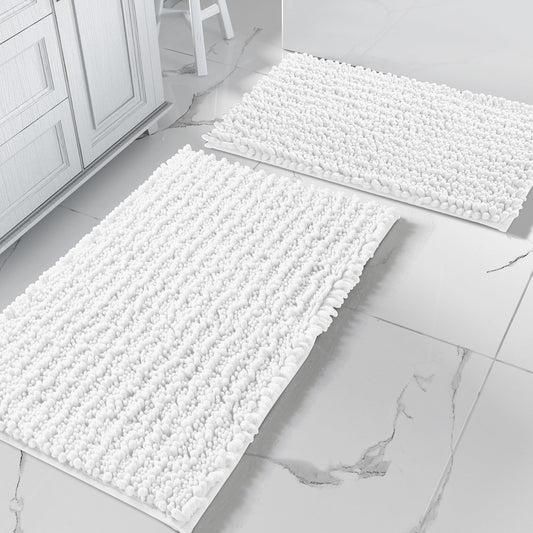 Yimobra Bathroom Rugs Sets 2 Piece - Quick Dry Extra Thick Luxury Chenille Bath Mat, Non Slip Super Absorbent for Tub Shower Sink, Machine Washable Shaggy Floor Mat, 32"x20"+24"x17" Inch, White