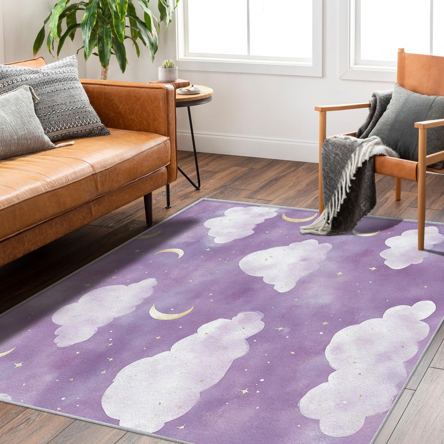 Vzdrahelia Purple Cloud Throw Rug 2x3,Moon Star Area Rug Washable,Kids Girls Rugs for Entryway, Bedroom,Cloud Pattern Indoor Door Mat Home Decor, Non Slip