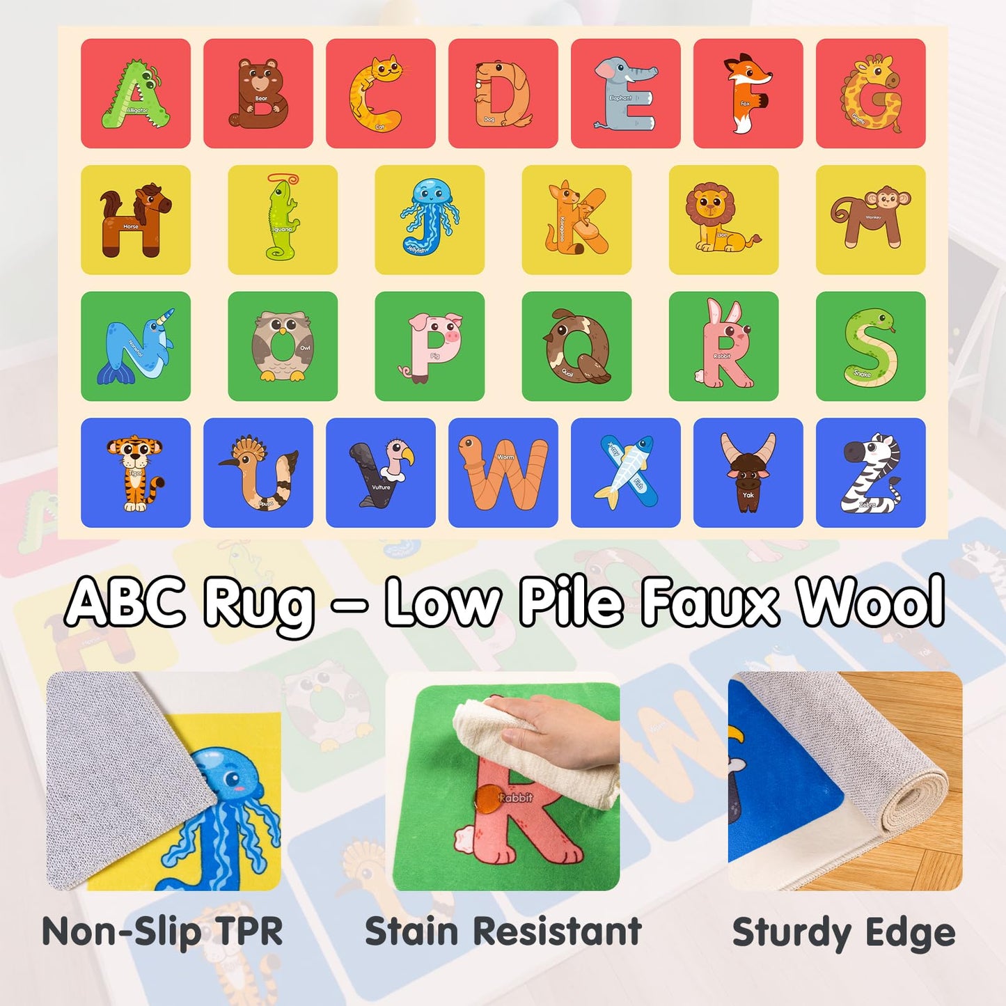 WISH TREE Animal Shaped ABC Classroom Rug, 6' x 9' Soft Non-Slip Low Pile Alphabet Learning Rug with Rubber Backing, Kids Educational Rug for Preschool Kindergarten Playroom