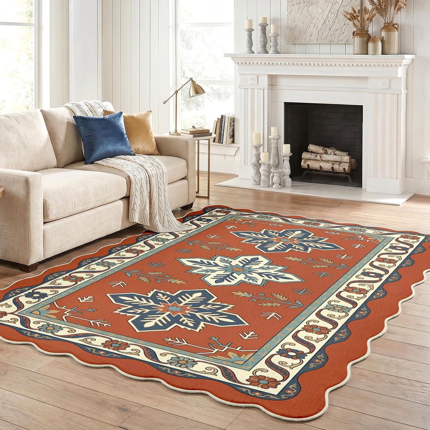 Cosovia Washable Scalloped Area Rug 5x7, Boho Aztec Geometric Low Pile Non Slip Indoor Floor Carpet Mat Southwestern Star Rugs for Living Room, Bedroom, Home Office and Dorm Decor