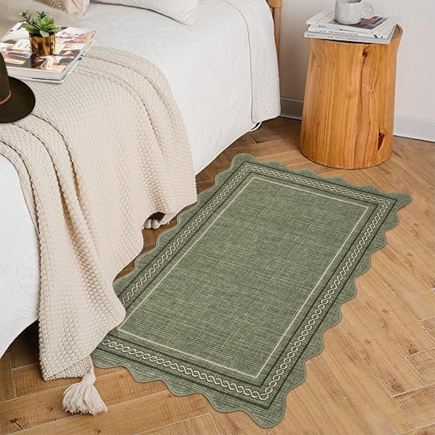 GarveeHome Scalloped Door Mat 2x3 Indoor Rugs for Entryway Washable Non-Slip Solid Small Rug Modern Soft Low-Pile Stain Resistant Carpet for Bedroom Kitchen Entrance Laundry, Green