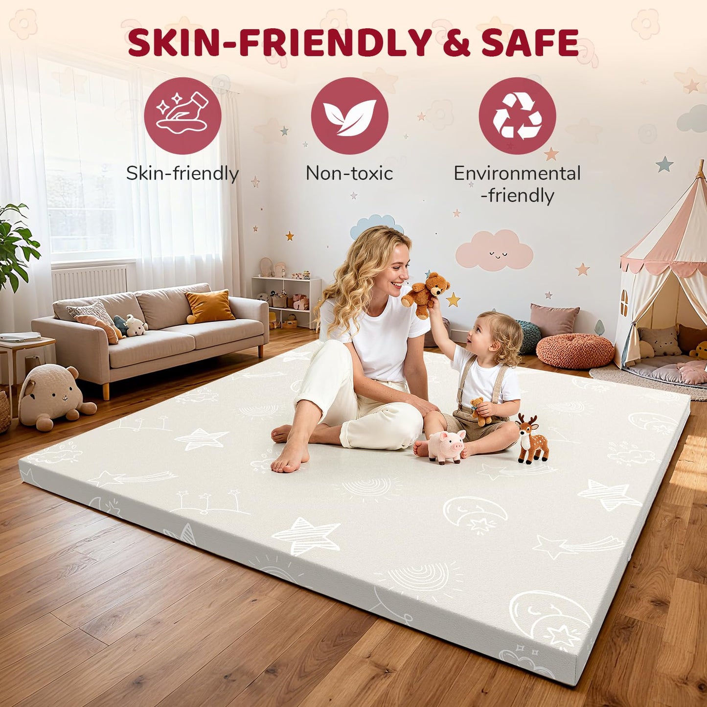 47x47 Baby Play Mat - Leather Waterproof Tummy Time mats for floor - 1.2" Extra Thick Foam Cushioned & Super Soft Babycare Playmat for Playpen Crawling- Padded Activity Gym for Kids Babies Toddlers