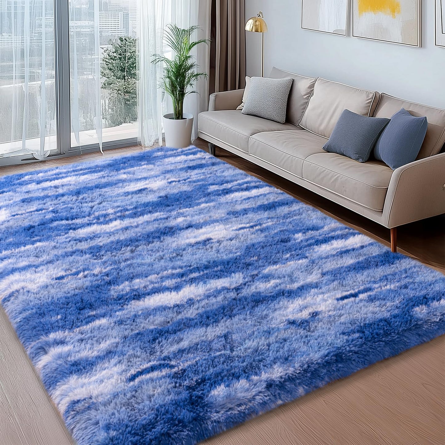 Ailyei Shag Rugs for Living Room 8x10, Ultra Soft Abstract Blue Big Fuzzy Rugs for Bedroom, 8 x 10 Fluffy Shaggy Plush Carpet Girls Kids Room Dorm Upgrade Non-Slip
