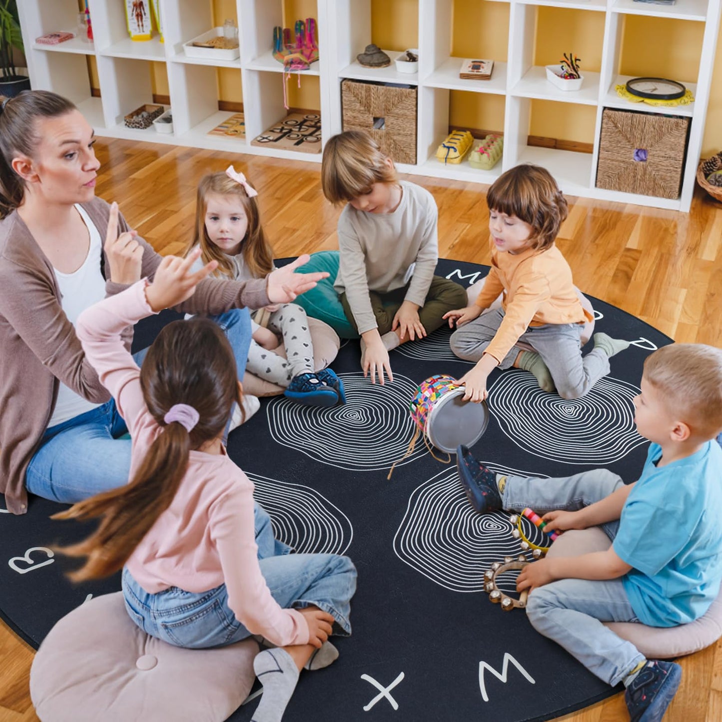 Large Classroom Rugs, ABC Alphabet Educational Area Rug for Kids,6ft Non-Slip Circle Abstract Carpet for Girls and Boys Bedroom,Carpet for Elementary Classroom,Play Rug 7 Seats,Nursery Rugs Washable
