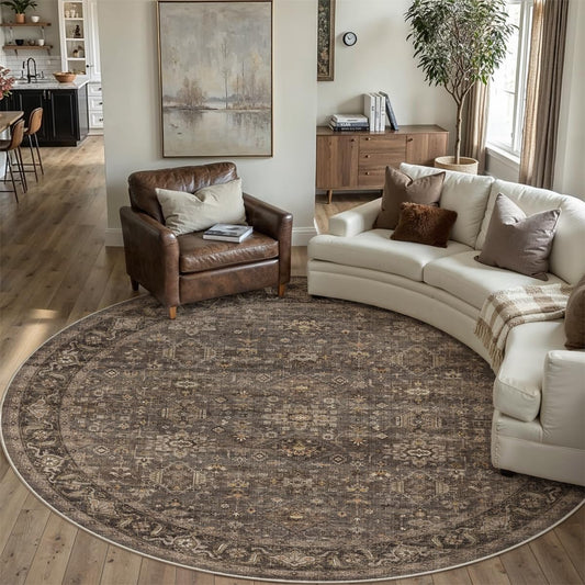 WondRg 8x8 Washable Round Rug for Living Room Bedroom Vintage Brown Non Slip Carpet Traditional Retro Soft Low Pile Large Cirlce Rug for Dining Room Kitchen Office Indoor