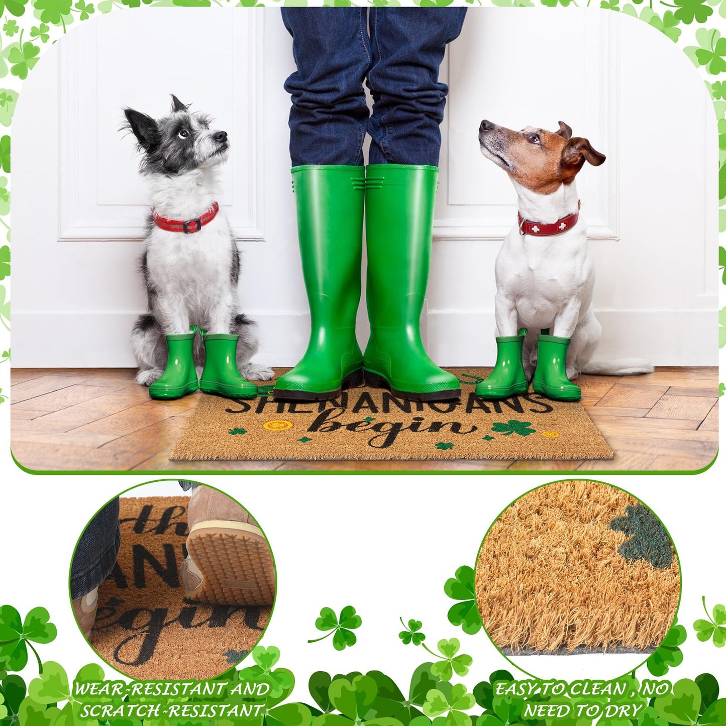 Ceenna St. Patrick's Day Welcome Doormat Outdoor St. Patrick's Day Coir Doormat with Non Slip Backing Shamrock Clover Green Irish Door Mat Front Porch Rugs for Home Entrance, 16 x 28Inches