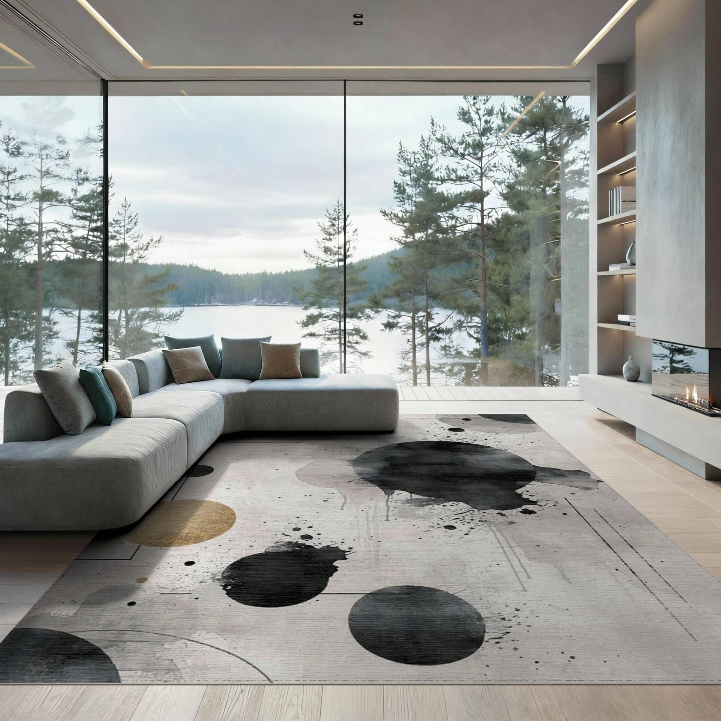 ODIKA 8'x10' Under Grey Watercolor Splash Abstract Ellipse Contemporary Boho Washable Area Rug for Dining Room, Large Office, Lounge, Non-Slip Chair-Friendly