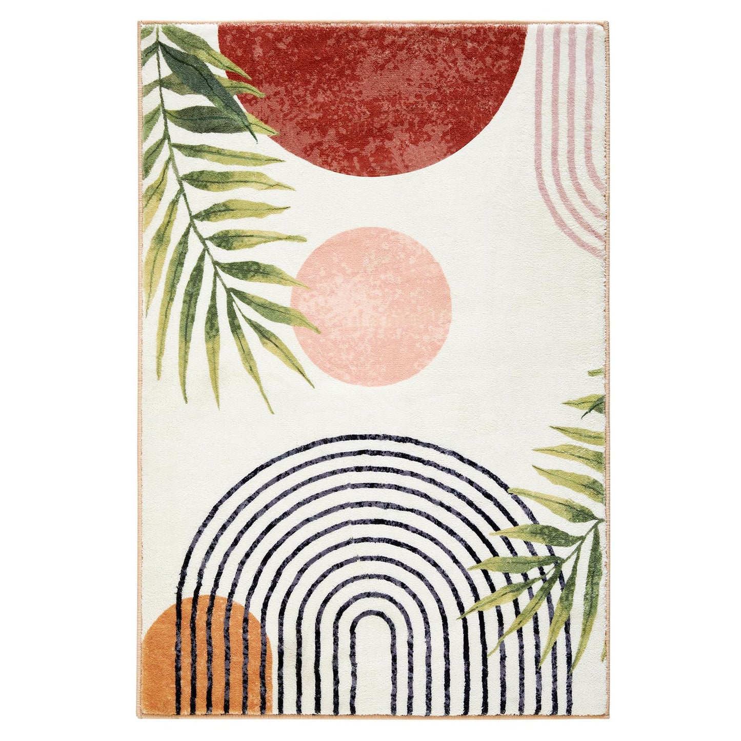 RoomTalks Mid Century Modern Washable Rug, Boho Cute Aesthetic 4x6 Area Rugs for Bedroom Dining Living Room Kitchen, Abstract Tropical Leaves Non Slip Thin Indoor Entryway Rug Accent Floor Carpet