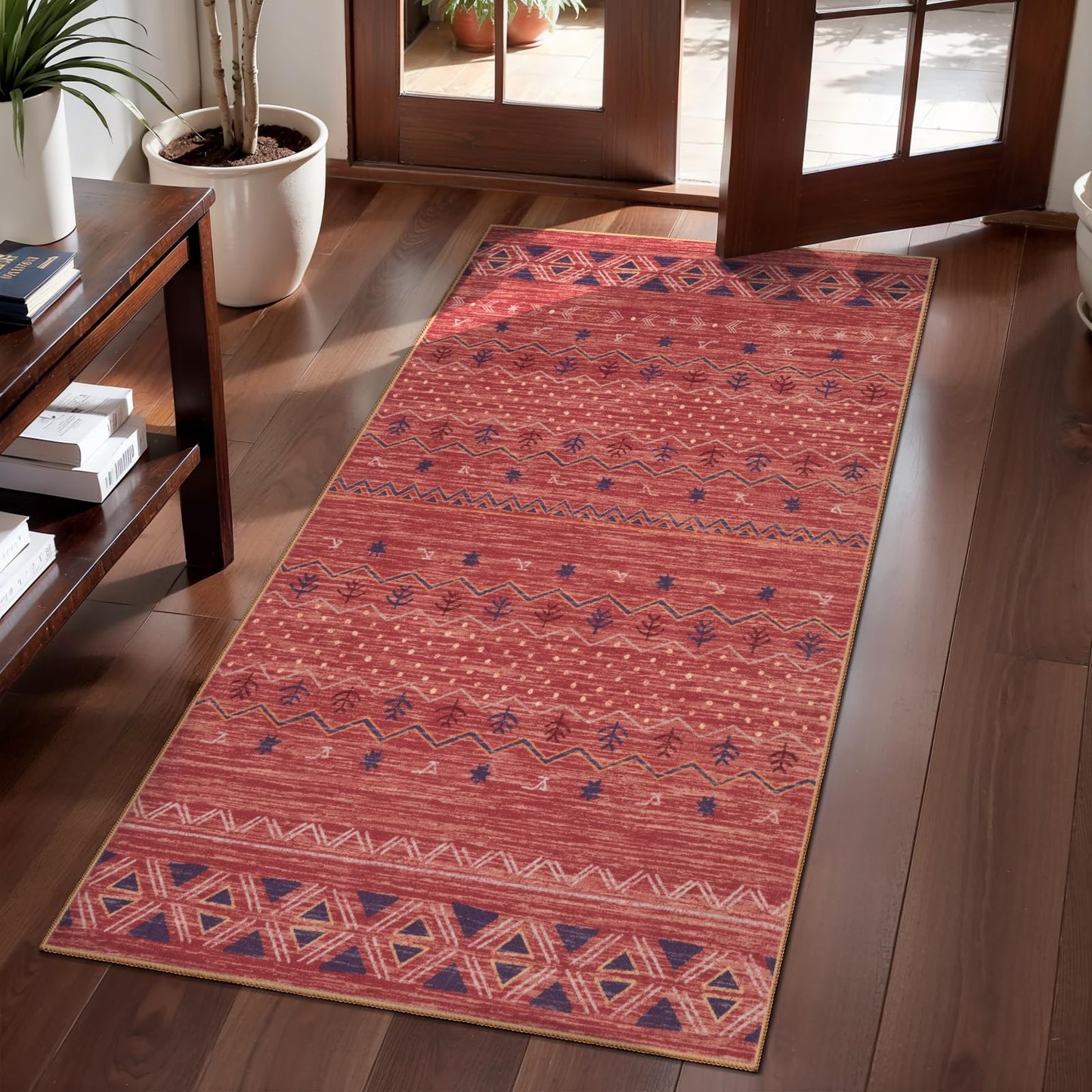 SERISSA 2x4 Rugs for Entryway, Washable Non-Slip Kitchen Runner Rug Small Red Ochre Rug, Soft Low-Pile Boho Geometric Door Mat Indoor Entrance Front Door Carpet for Bedroom Bathroom