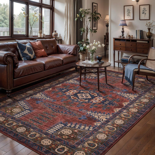 Tangsoo Washable Rug 4x6 Area Rug, Oriental Rug Indoor for Living Room, Non Slip Machine Washable Large Rugs, Soft Print Carpet for Bedroom Dining Room Dorm Office Rust/Tan