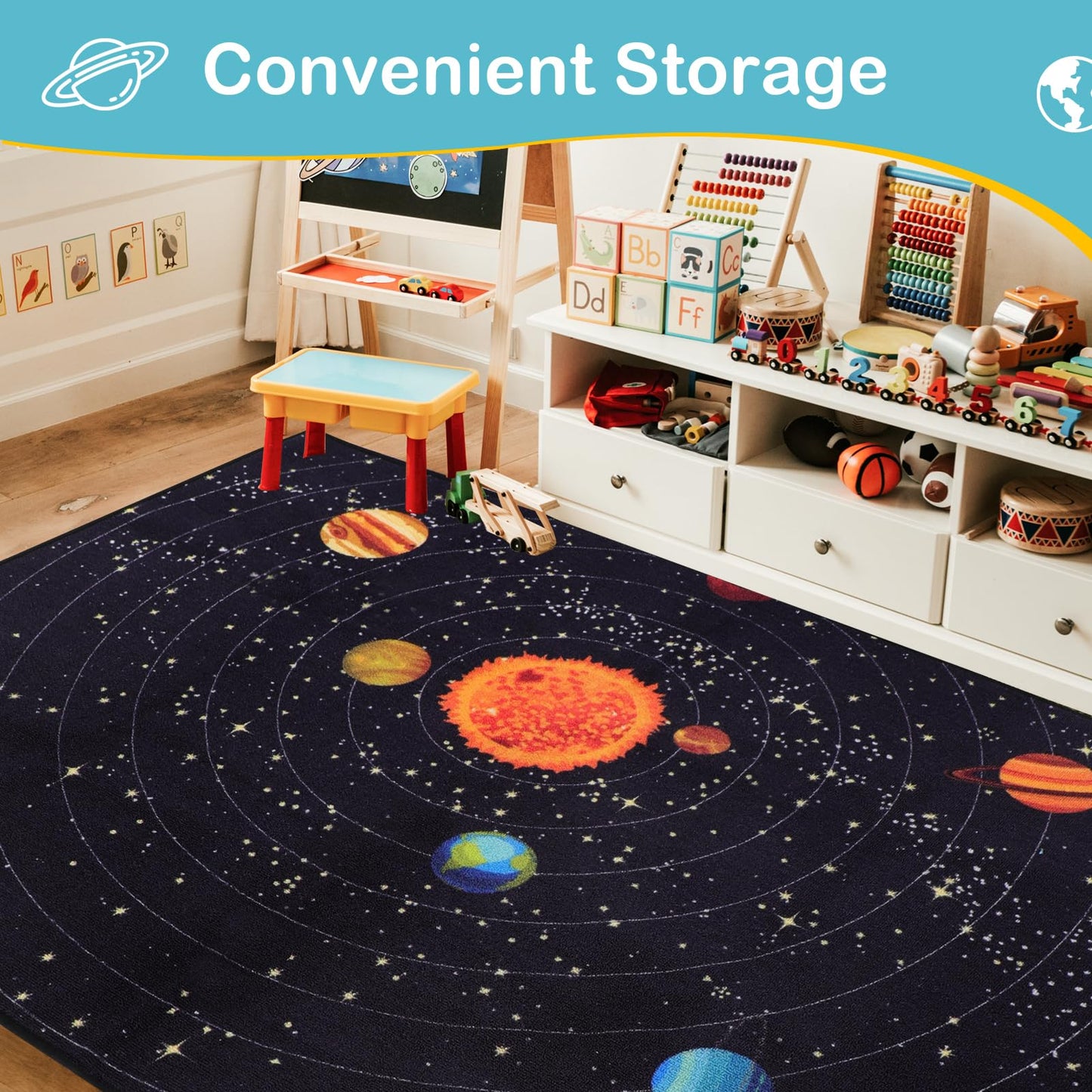 PCSWEET HOME Outer Space Kids Rug for Bedroom Educational Rug for Playroom 4' 11" x 6' 7" Washable Kids Play Mat for Living Room Large Area Rug for Living Room
