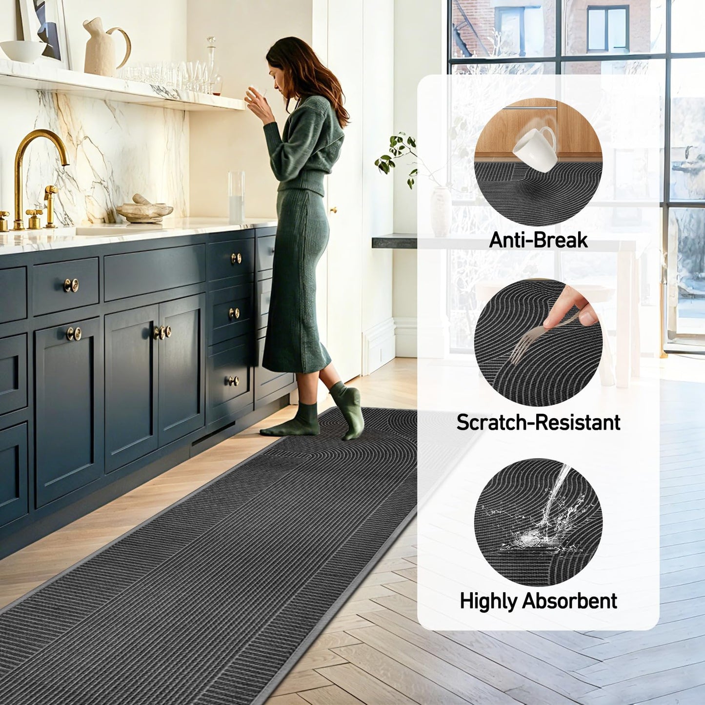 HAPACE Kitchen Mat Set of 2 PCS, Anti Fatigue Kitchen Floor Mat, Kitchen Runner Cushioned Non Slip for Kichen, Office, Balcony, Gray, 17" x 30"+17" x 47"
