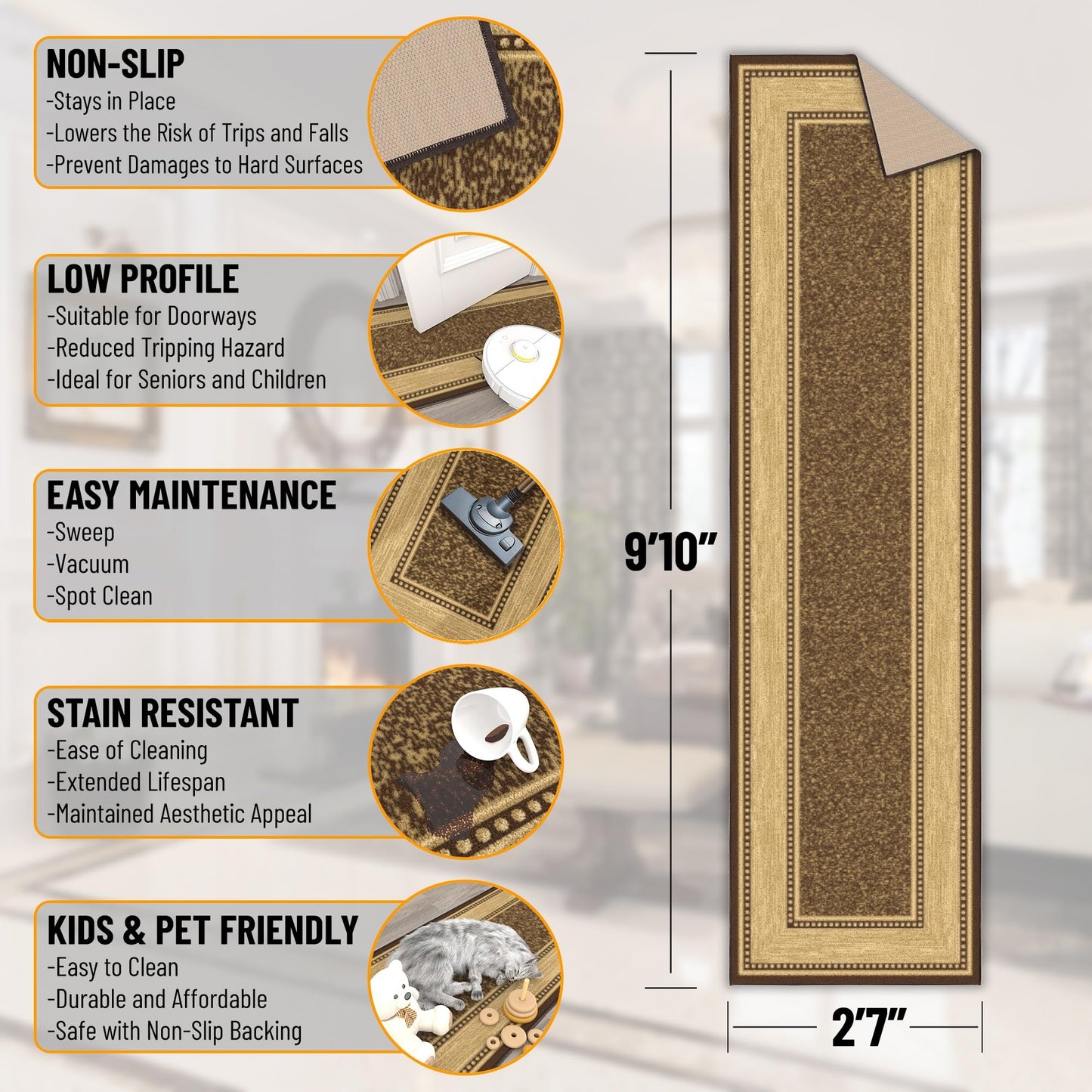 Ottomanson Hallway Runner Rug 2'7" x 9'10" – Non Slip Rubber Backed Carpet Runner for Hallways, Entryway, Living Room, Long Low Pile Indoor Floor Runner Rug, Border Brown