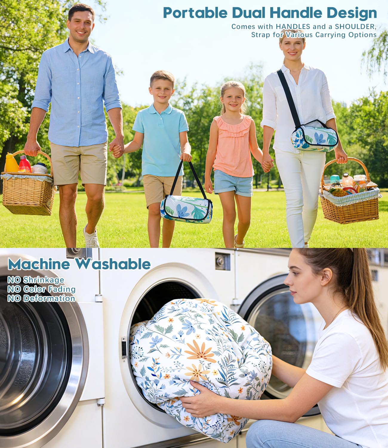 DEWUR Picnic Blankets 79"x79" Extra Large Outdoor Blanket Beach Blanket Waterproof SandProof Picnic Mat Washable Foldable Portable for Grass Lawn Beach Camping (White with Flowers)
