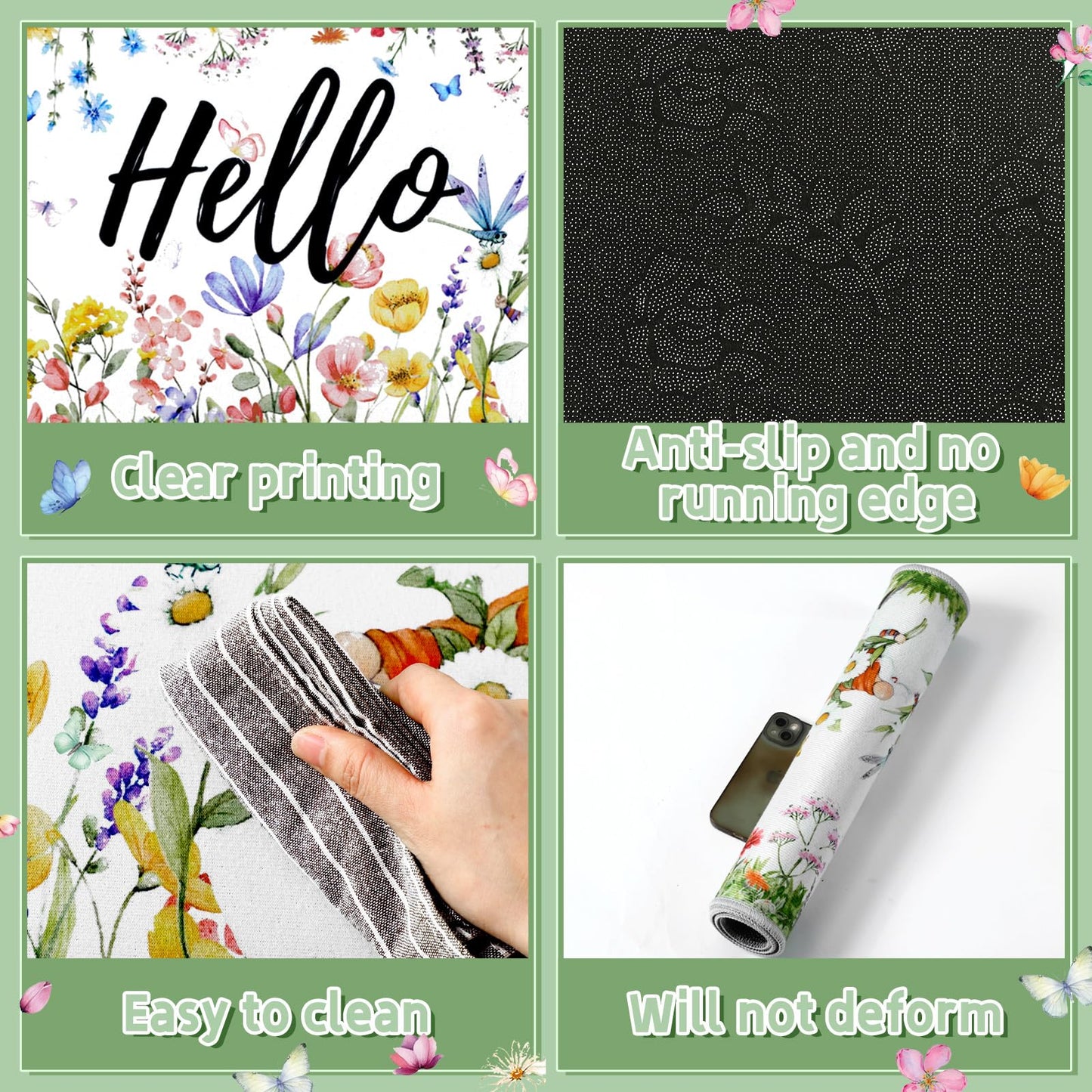 Maasechs 3 Pcs Hello Spring Kitchen Rugs and Mats Set Farmhouse Spring Floral Gnome Rugs Non Slip Washable Spring Floor Mats Rubber Backing Carpet Runner Rug Spring Kitchen Decor for Home Indoor Decor