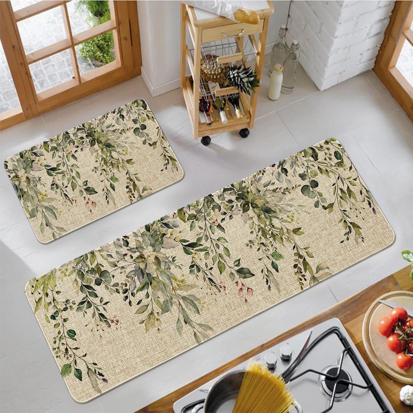 HSOWKDN Sage Green Eucalyptus Spring Kitchen Rugs Sets of 2 Non Slip Washable, Botanical Leaves Summer Spring Kitchen Mats for Floor 2 Piece Home Decor