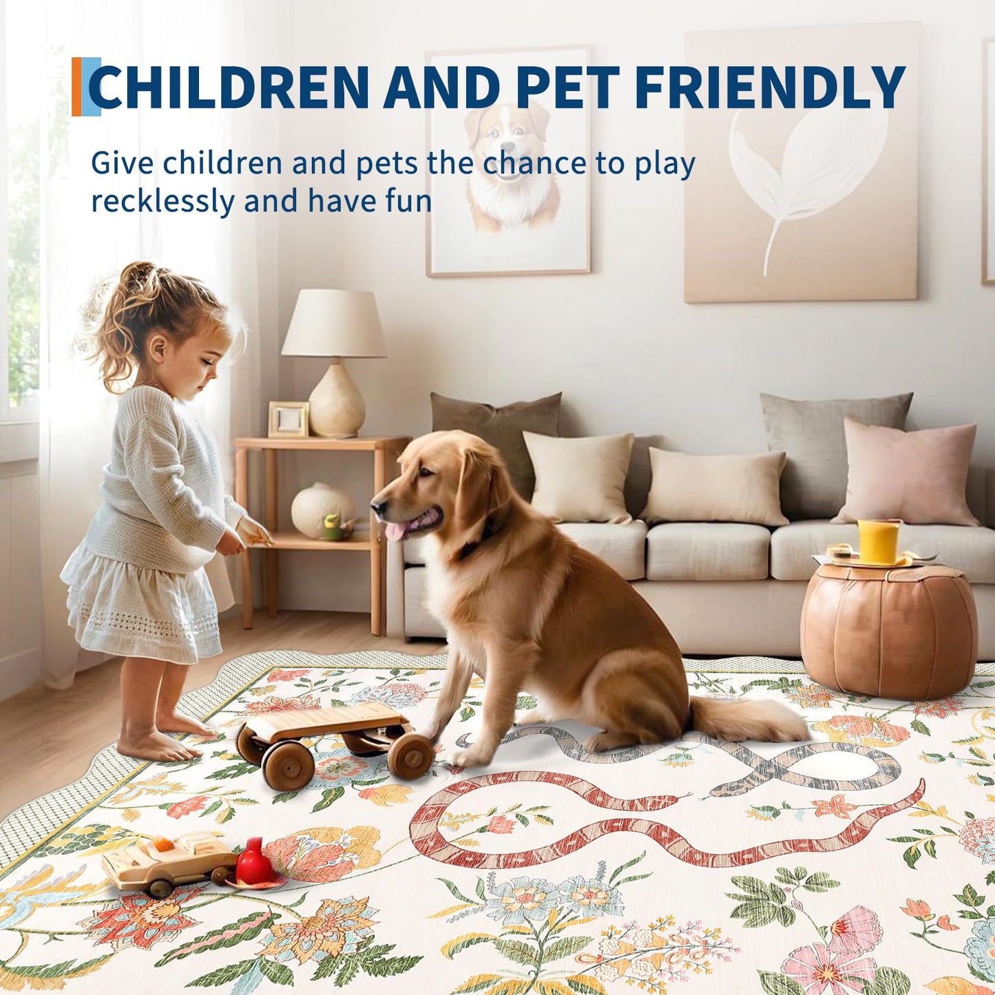 LUXLOOM Large Scalloped Area Rug Washable 10x13 Modern Floral Living Room Rug Soft Non Slip Low Pile Indoor Carpet Stain Resistant Flower Animal Patter Carpet for Playroom Beige