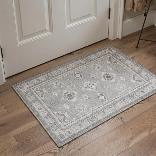 GENIMO 2x3 Entryway Rug Geometric Medallion Pattern Non Slip Backing Low Pile Indoor Doormat for Kitchen Entrance Front Door Bathroom Farmhouse Decor, Dusty Gray