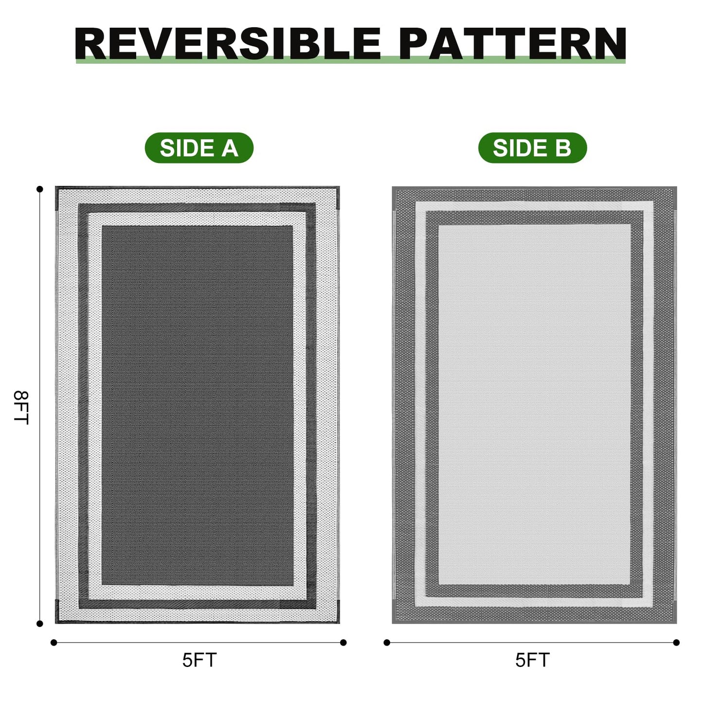 RURALITY Outdoor Rugs 5x8 Waterproof for Patios Clearance,Plastic Straw Mats for Backyard,Porch,Deck,Balcony,Grey&White