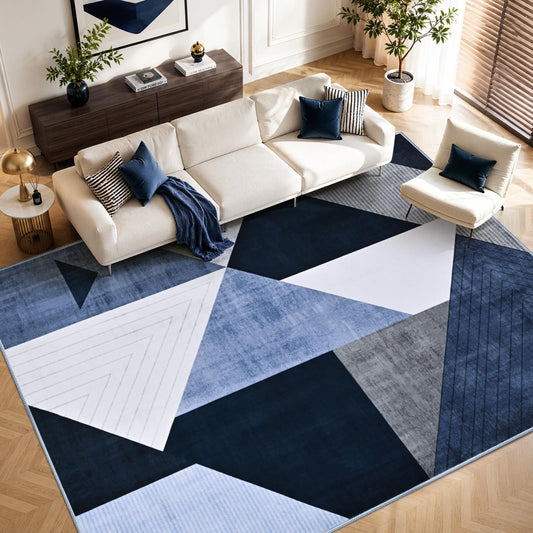 Yinhua Modern Geometric Area Rugs 9x12 Living Room Rug Low Pile Washable Rugs Non Slip, Large Area Rug for Bedroom Home Office, Soft Faux Wool Carpet No Shedding, Blue and Gray