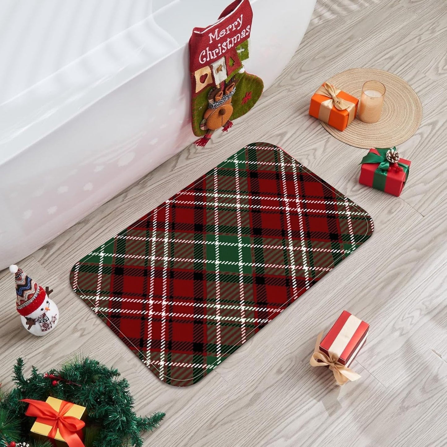 Zussun Christmas Bathroom Rugs Mat Xmas Buffalo Plaid Winter Bath Rug 32 x 16 in Water Absorbent Non Slip Washable Shower Mat Memory Foam Bath Mats for Bathroom Decor