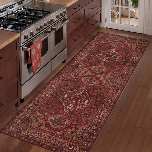 Tangsoo Boho 2x6 Washable Runner Rug for Hallways, Non Slip Vintage Runner Rug, Oriental Soft Low Pile Long Rug Runner, Print Carpet Runners for Kitchen Bedroom Entryway Bathroom Living Room Dark Red
