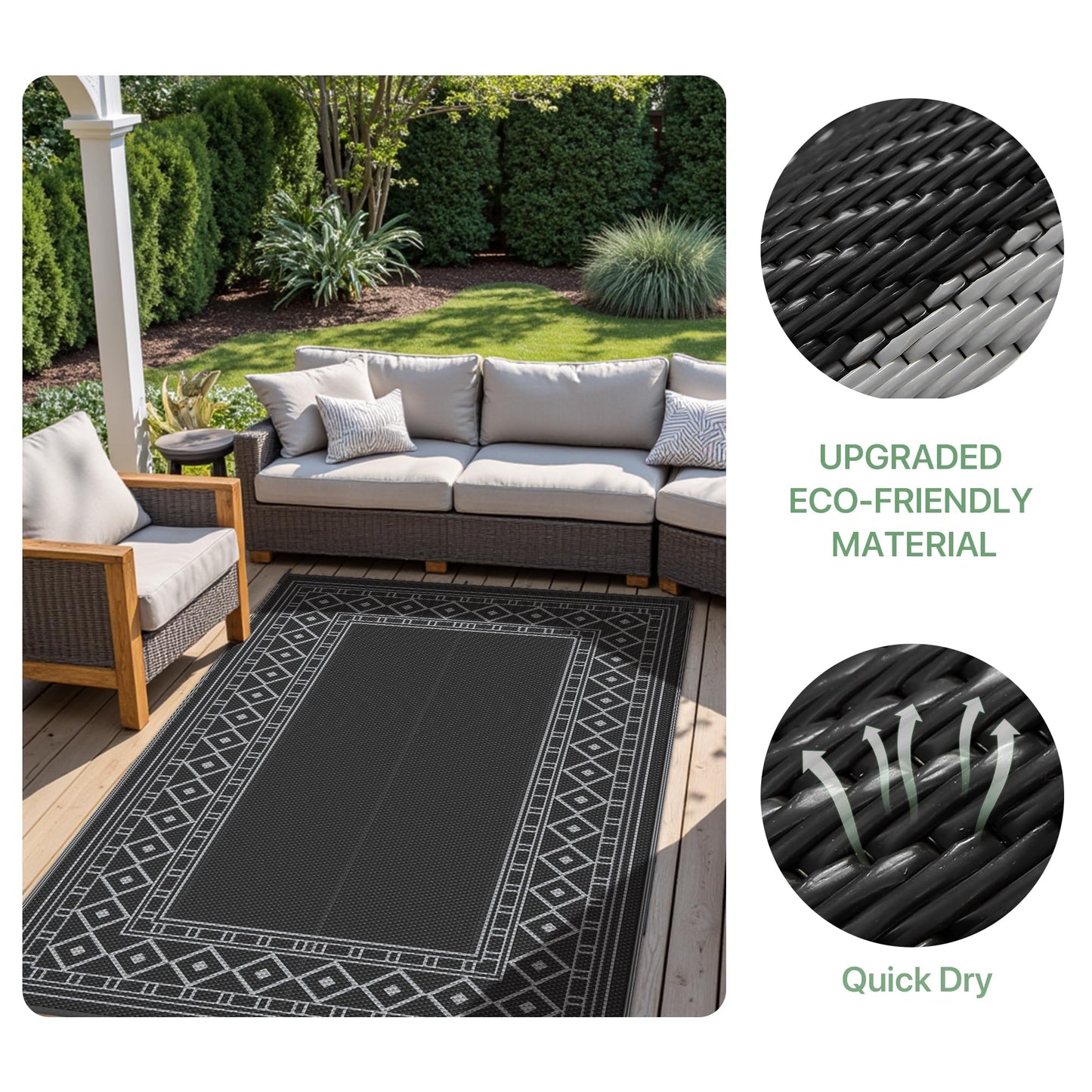 GENIMO Outdoor Rug Waterproof 6'x9' for Patio, Foldable Reversible Plastic Straw Carpet for Travel Trailers, Outside Area Mat for Rv, Deck, Picnic, Porch, Camper, Balcony, Beach, Black & Grey
