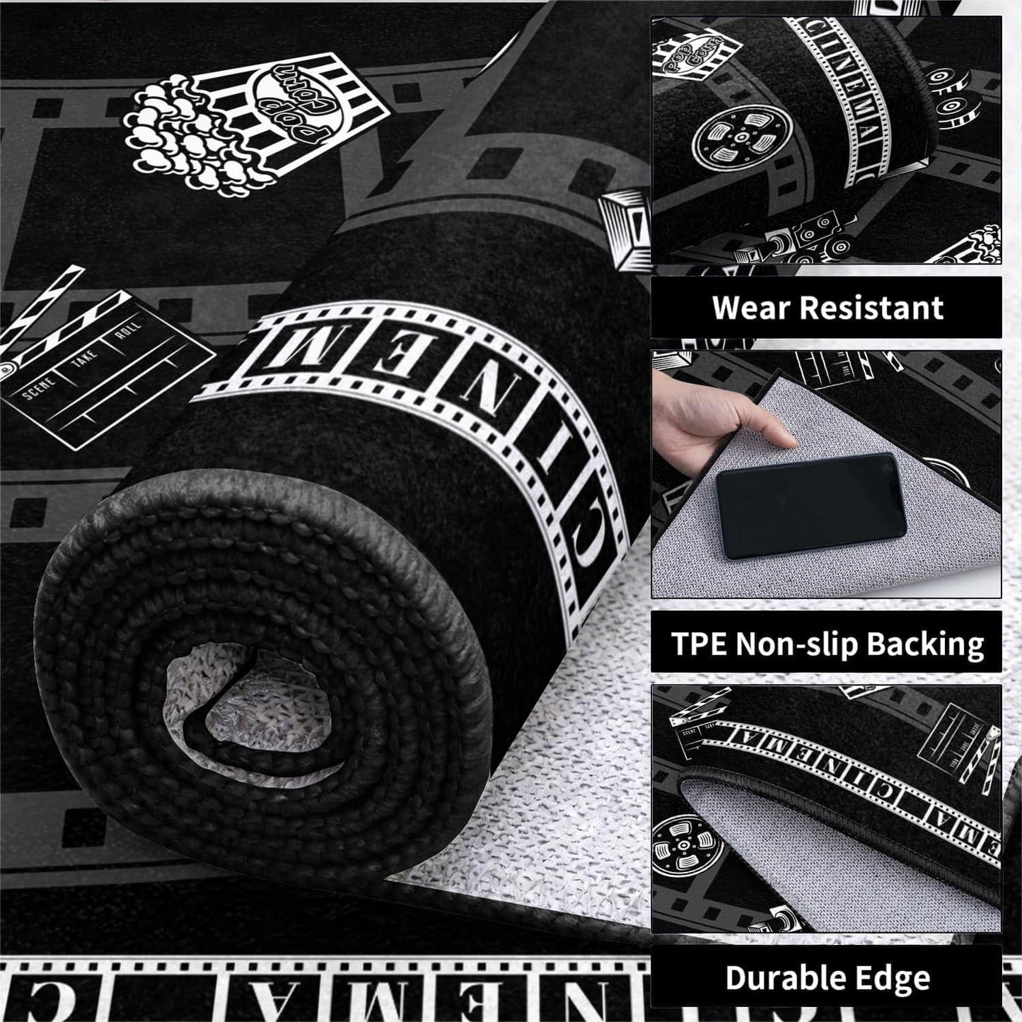 LGGLOVELIN Movie Night Theme Area Rug, 9x12ft, Black White Clapboard Projector Soft Washable Non-Slip Carpet for Home Theater Living Room