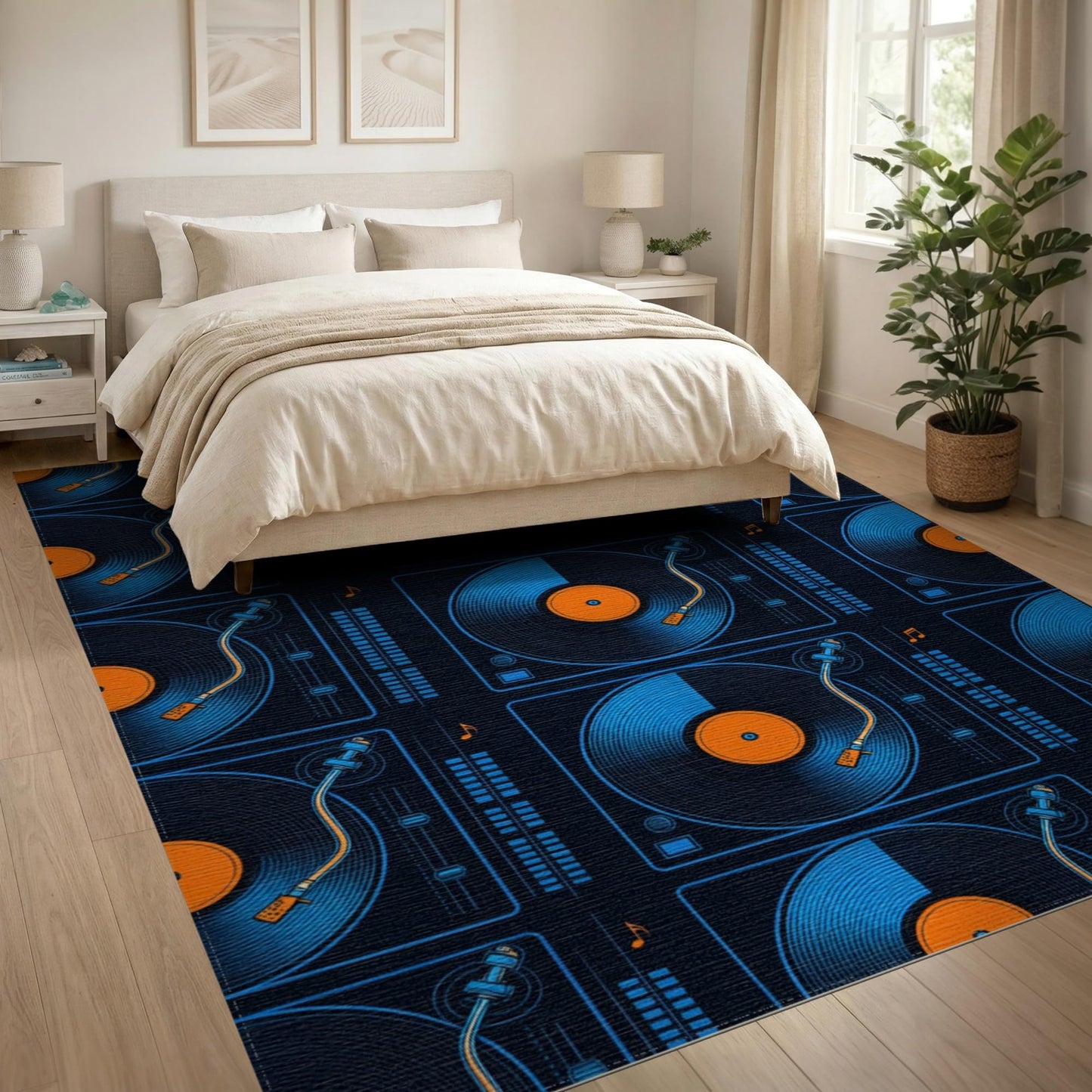 ODIKA 8'x10' Vinyl Record Retro Equalizer Bars Turntable Icons Grooves Disc Cd Refined Washable Area Rug Non-Slip Chair-Friendly for Dining Room, Large Office, Lounge