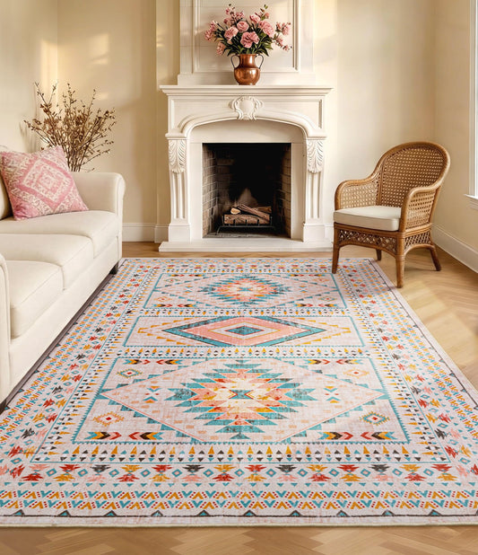 YIHOUSE Boho Living Room Area Rug 5'x7', Pink/Blue