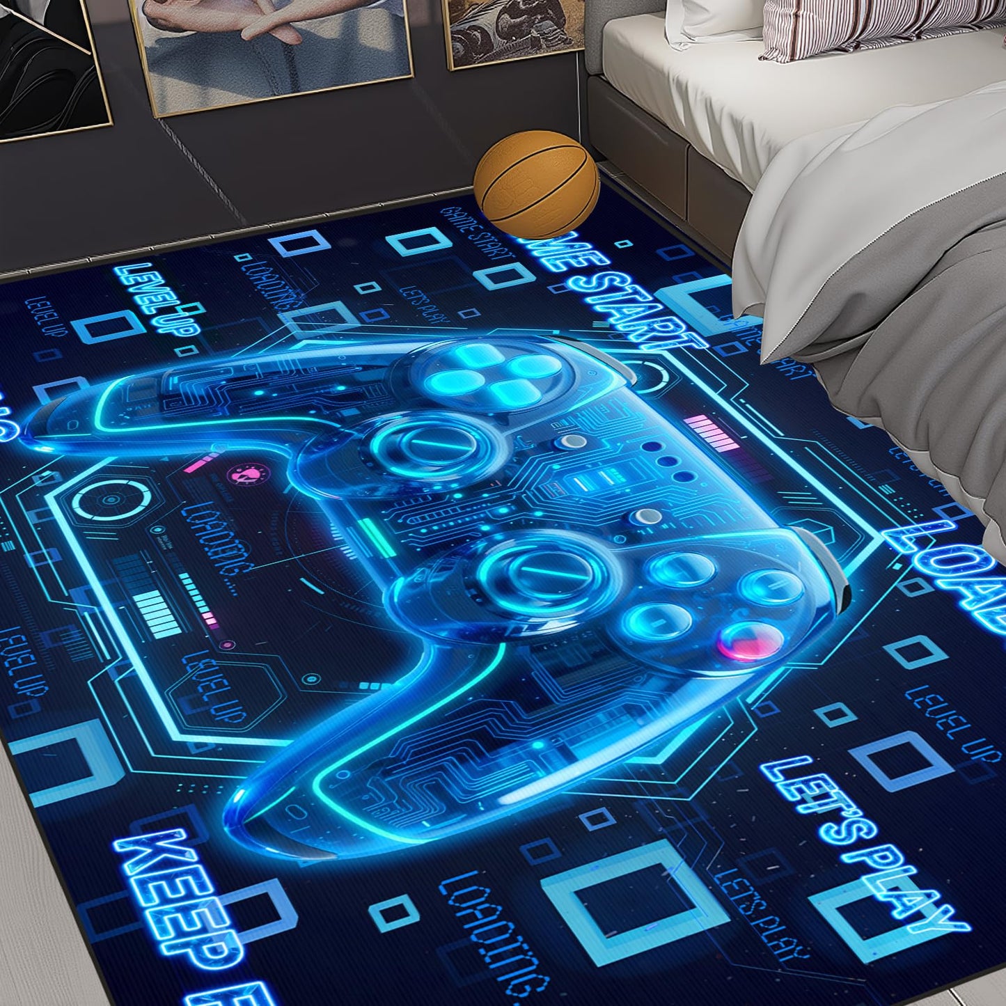 Gaming Rugs for Boys Bedroom - 3D Cyberpunk Blue Gamer Area Rug for Living Room,Teens Room, Kids Playroom, Gamer Rugs Gaming Room Non-Slip Floor Mat Video Games Area Carpets 71×47 Inches