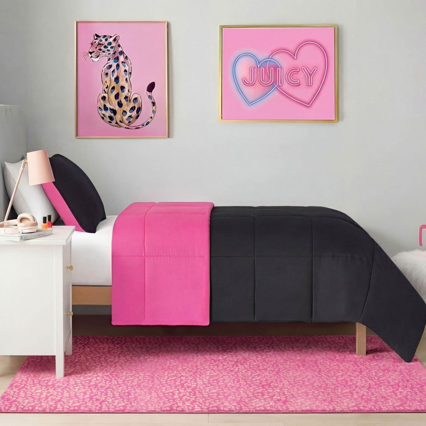 Juicy Couture Metallic Leopard Foil Print Area Rug, Padded with Non-Skid Backing, Hot Pink, 4' x 6'