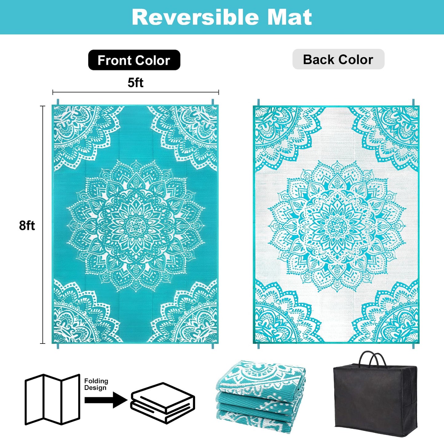 Yamaziot Waterproof Outdoor Rug 5x8 ft, Reversible Plastic Straw Rug for Patio Clearance, Camping, RV Mat, Large Outside Rug Carpet for Porch, Deck, Backyard, Balcony, Picnic (Blue)