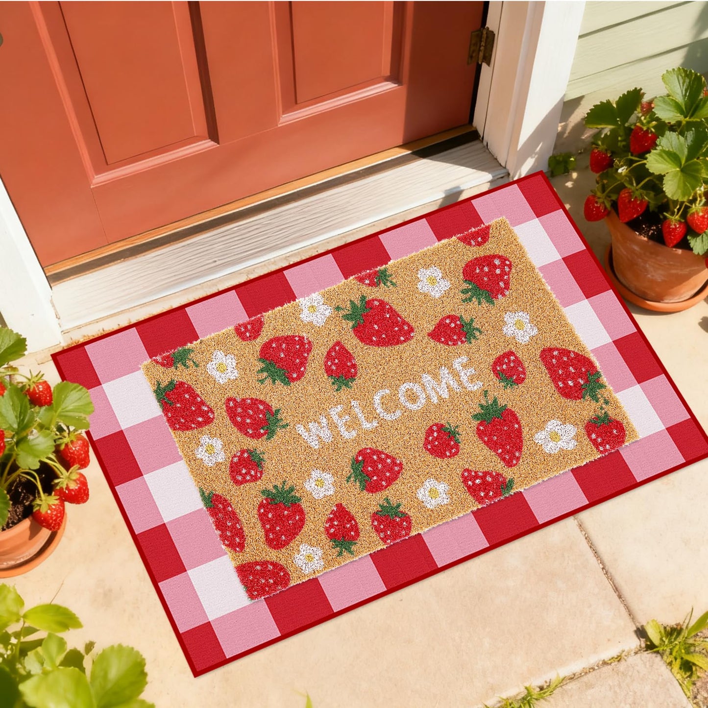 Whaline 2 Pcs Strawberry Daisy Doormat Set Floor Mat Red Pink Checkered Fruit Coir Non-Slip Front Door Rug for Spring Summer Outdoor Home Kitchen Bathroom Entrance Porch