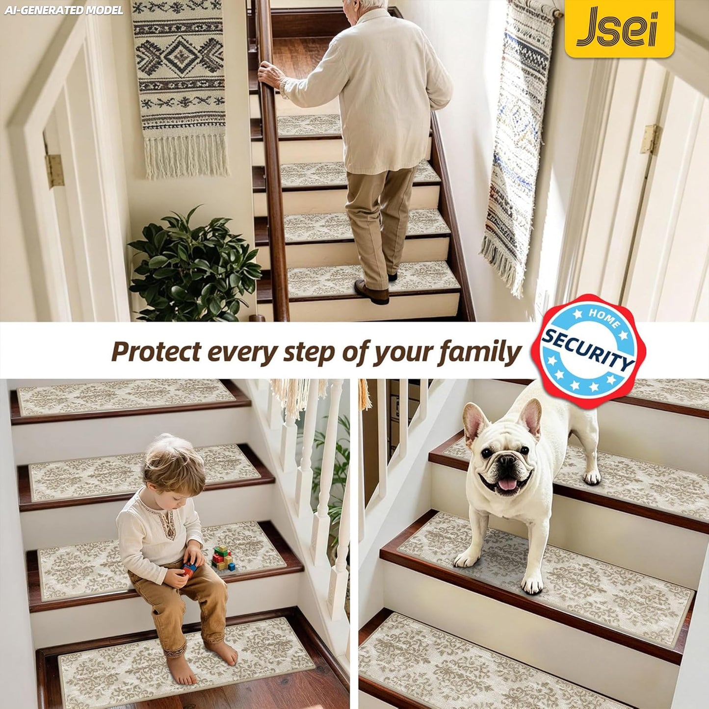JSEI Stair Treads for Wooden Steps, 15 Pack 8" X 30" Non-Slip Machine Washable Carpet Stair Treads with TPE Backing, Indoor Stair Rug Runner for Kids Elders & Pets, Polyester, Light Beige/Brwon