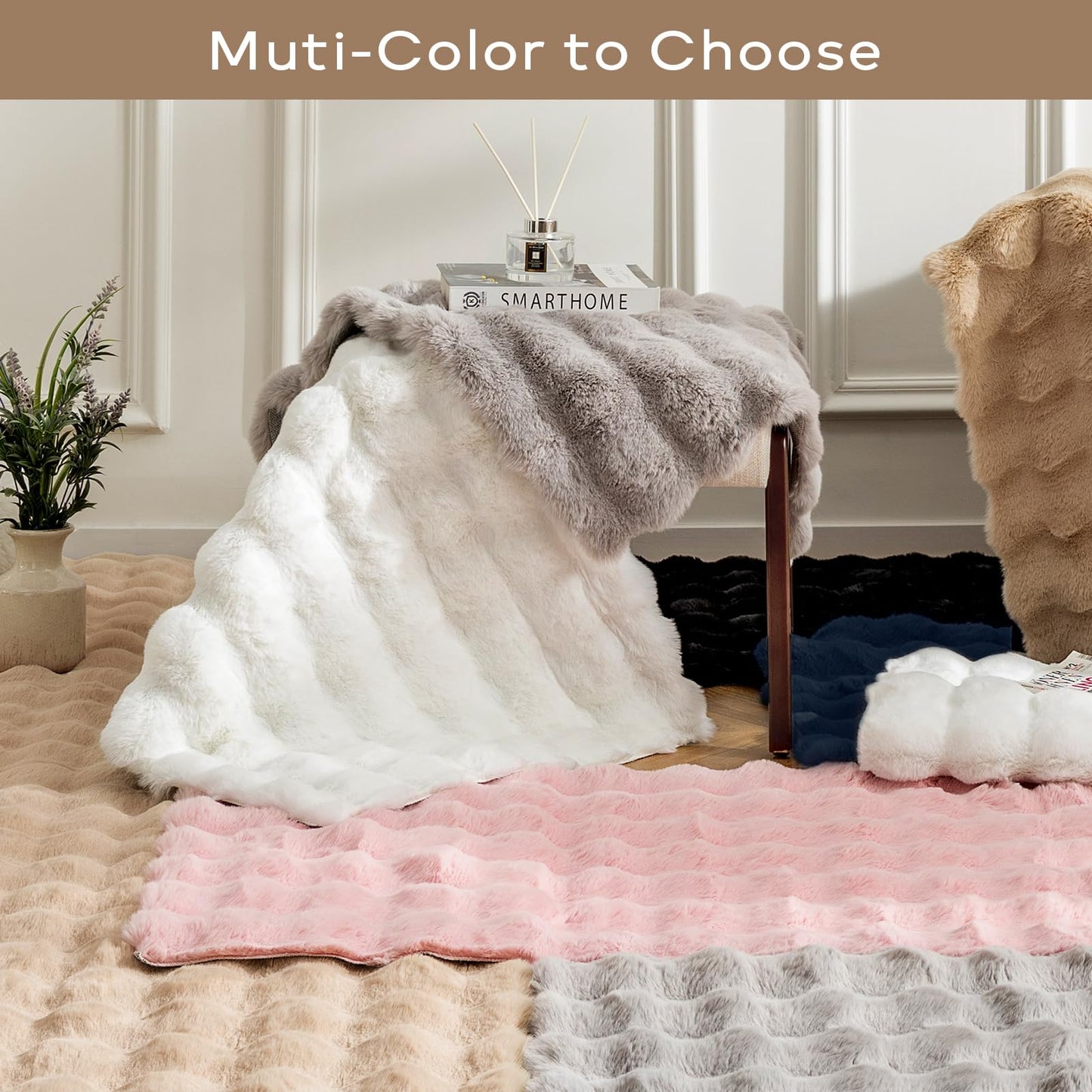 Ashler Faux Rabbit Fur Rug, Pink 2x6 FT Fluffy Soft Runner Area Rugs, Rectangle Fuzzy Carpet for Living Room, Bedroom, Machine Washable Shaggy - 3D Bubble Rug,