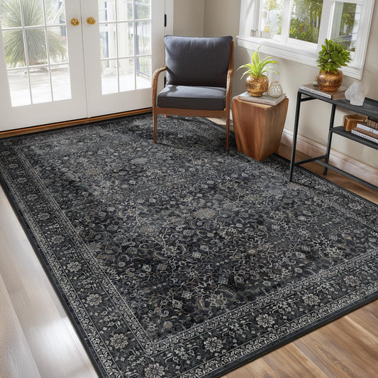Jainmy Dark Area Rug 6x9, Vintage Earth Tone Rugs for Living Room Bedroom, Washable Non Slip Low Pile Thin Carpet Rug for Dining Room Guest Room Home Office, Farmhouse Distressed Midnight
