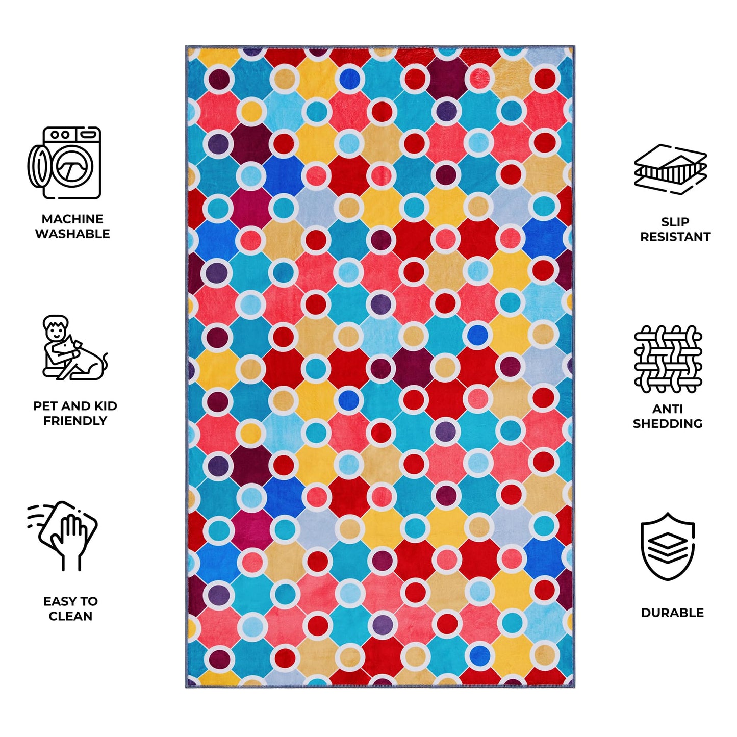 Casanta Living Machine Washable Polka Dot Rug for Kids Area - Multicolor Soft Rug for Nursery/Playroom/Classroom - 6x9