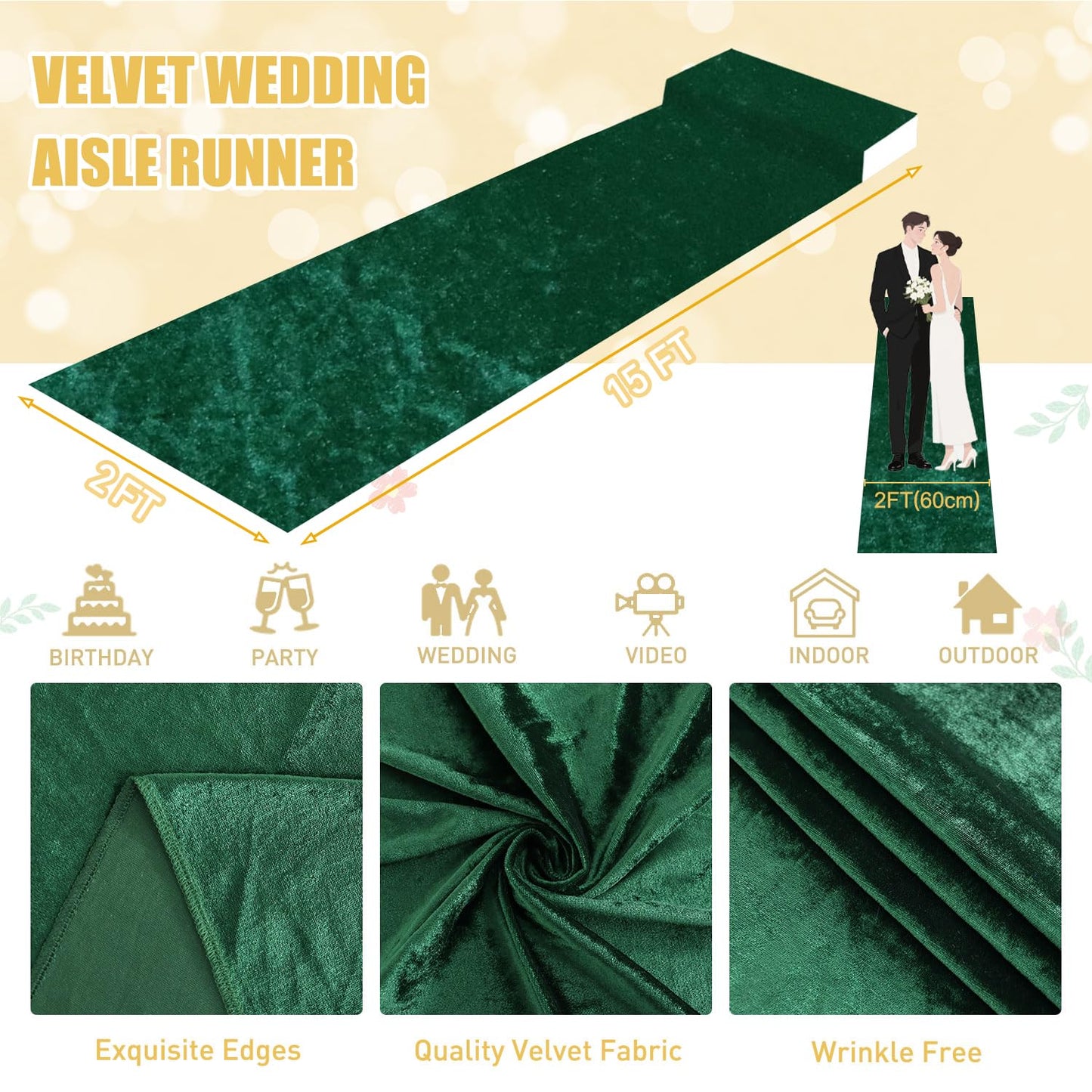 Aisle Runners for Weddings Emerald Green Wedding Aisle Runner 2FTx15FT Luxury Velvet Fabric Carpet Runway Green Aisle Runner for Party Bridal Runner Rug for Ceremony Birthday Event Wedding Decorations