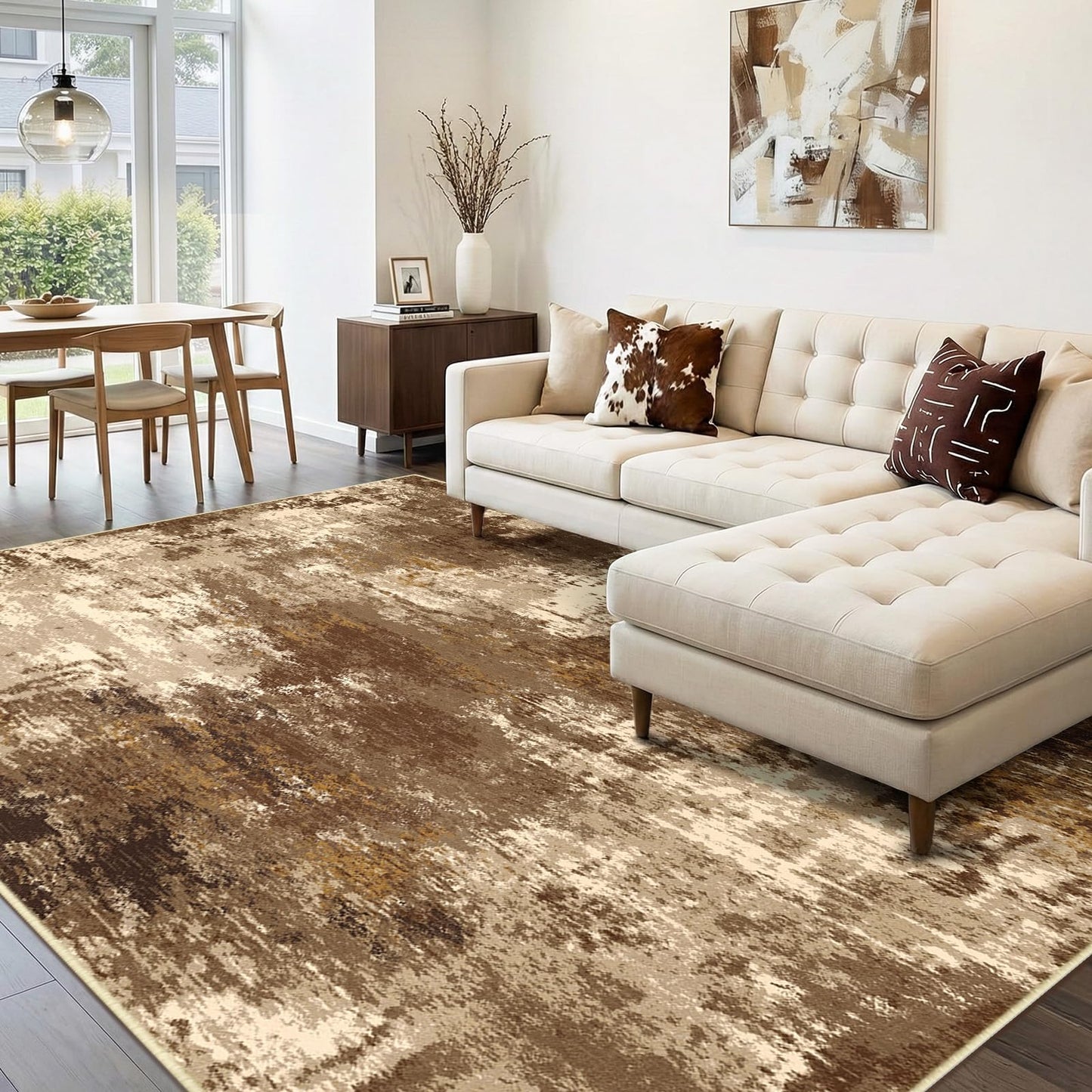 RELEANY Washable Area Rugs 5'x7' Non-Slip Modern Abstract Soft for Living Room Entryway Bedroom Kitchen, Print Pattern, Brown Tan Beige Coffee
