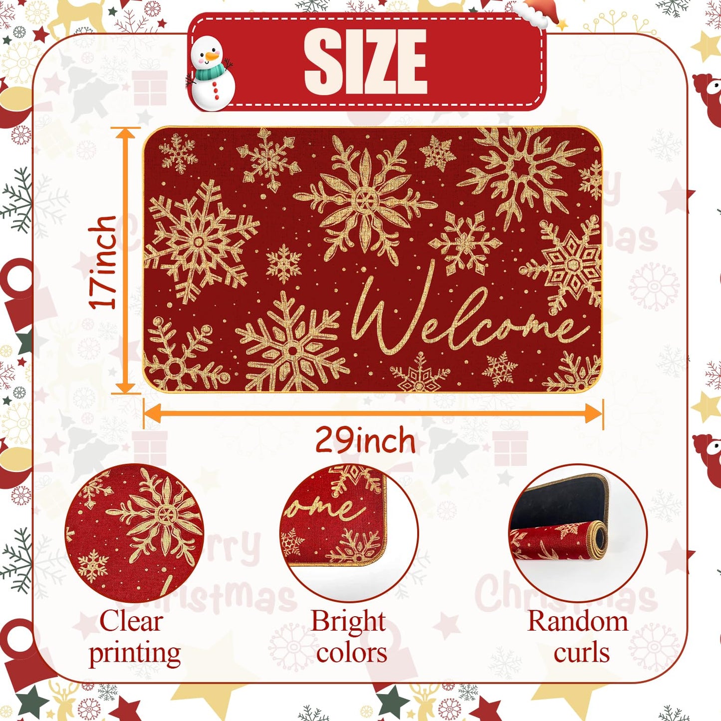 JYKCUL Snowflake Christmas Doormat,Snowflakes Winte Xmas Decorative Doot Mat Non-Slip Low-Profile Indoor Outdoor Welcome Mat Washable Winter Holiday Doormat 17" x 29"
