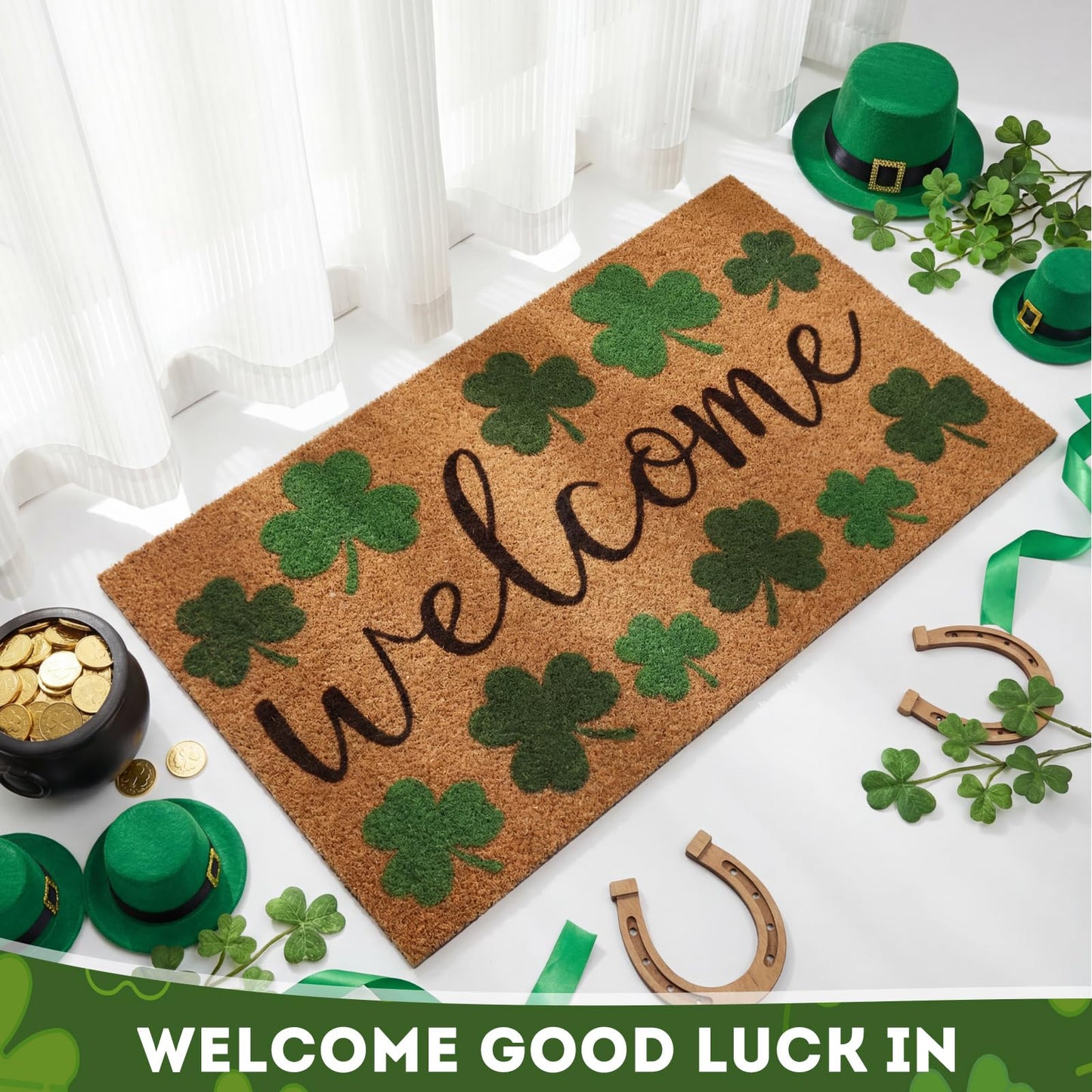 Dunzy 2 Pcs Valentine's Day Welcome Doormat Red Heart and Green Shamrock Coir Door Mat, St. Patrick's Day 16.5" x 29.5" Non-Slip Doormats for Indoor, Outdoor Rug, Porches, Kitchens, Bathrooms