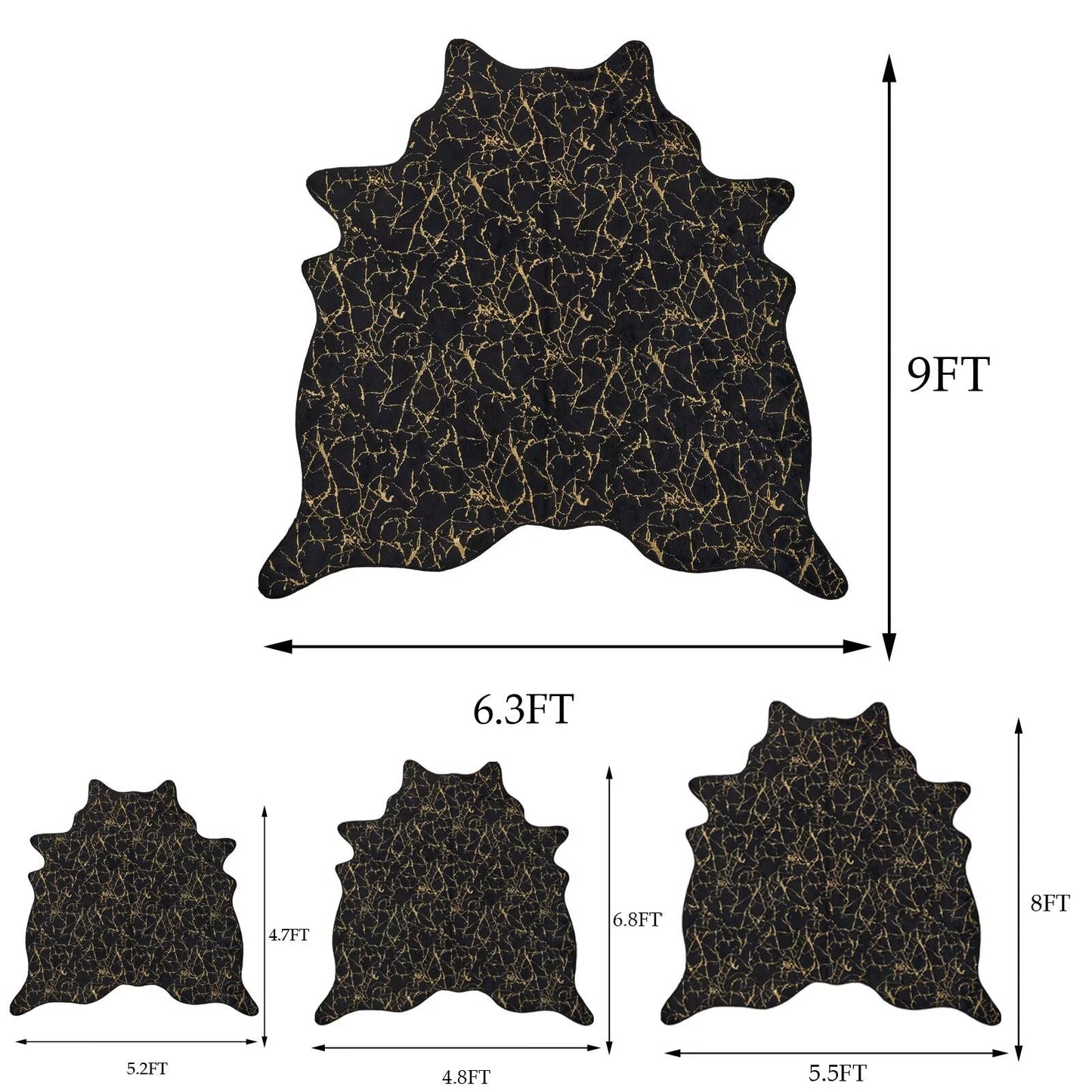 Premium Faux Fur Cowhide Rug,Large Carpet Non-Slip Cow Print Rugs,Suitable for Bedroom Living Room Western Decor,Faux Fur Animal Cow Hide Carpet-Black and Gold-6.3 * 9FT(75 * 110inch)