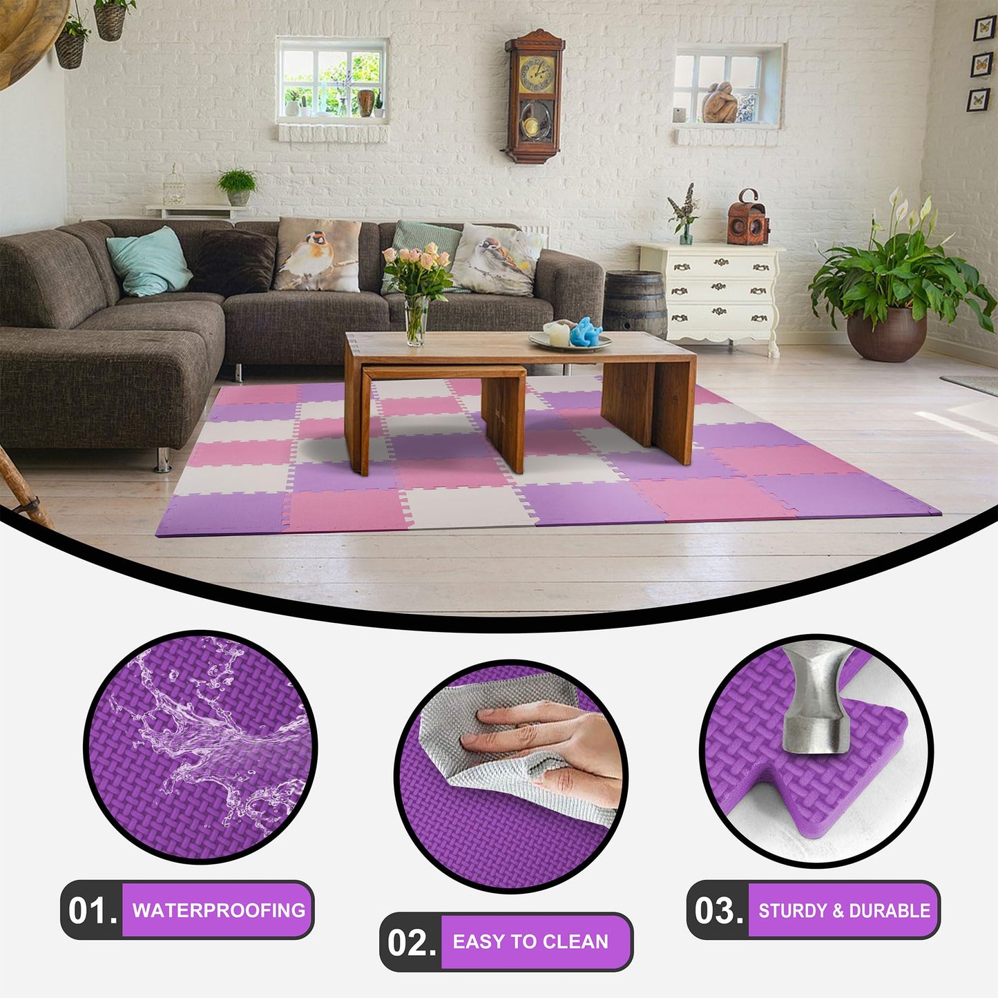 BalanceFrom 36-Pack 12x12 Inches EVA Interlocking Foam Play Tile Mat, Pink/Purple/Beige – 0.4-Inch Thick Non-Slip Puzzle Flooring for 36 Square Feet in Playroom, Nursery, or Playpen at Home