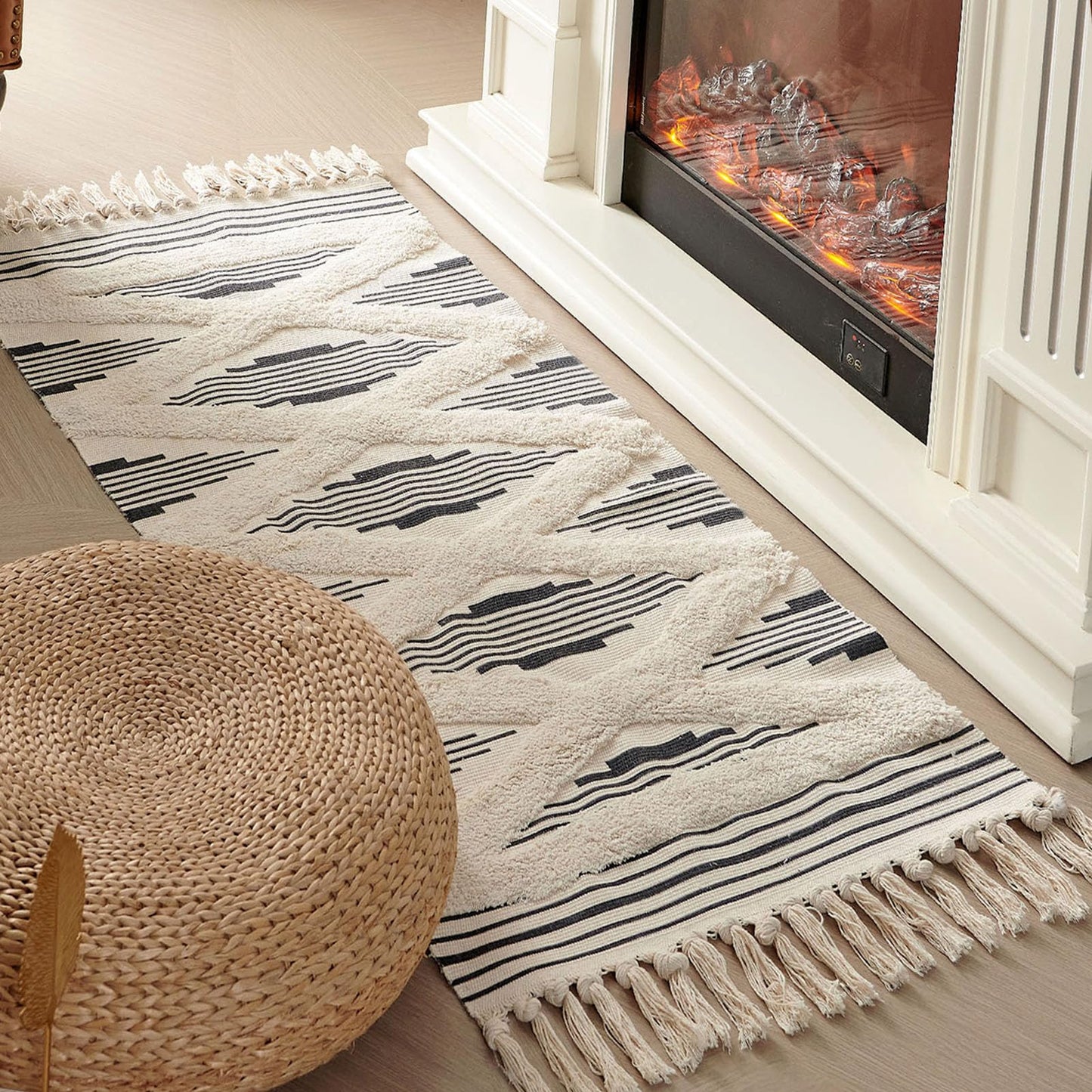 Boho Runner Rug Washable Hallway Rug Runner, Tufted Woven Cotton Farmhouse Area Floor Mat for Bedroom, Modern Diamond Entryway Carpet with Tassels (Grey, 2'x5')